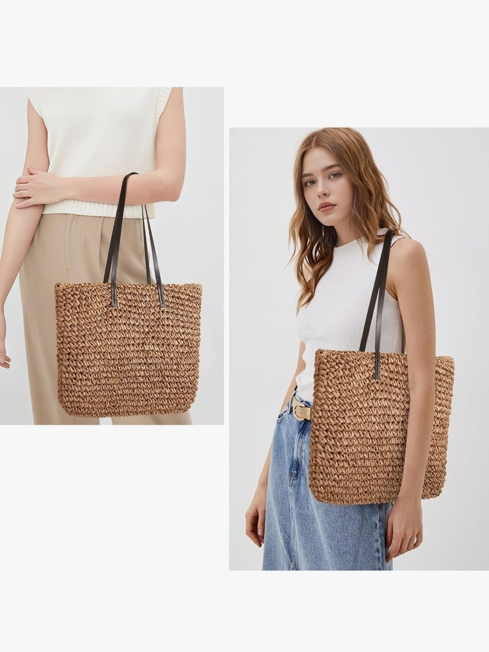 Woven Straw Tote Bag with Handles - Natural, Lightweight
